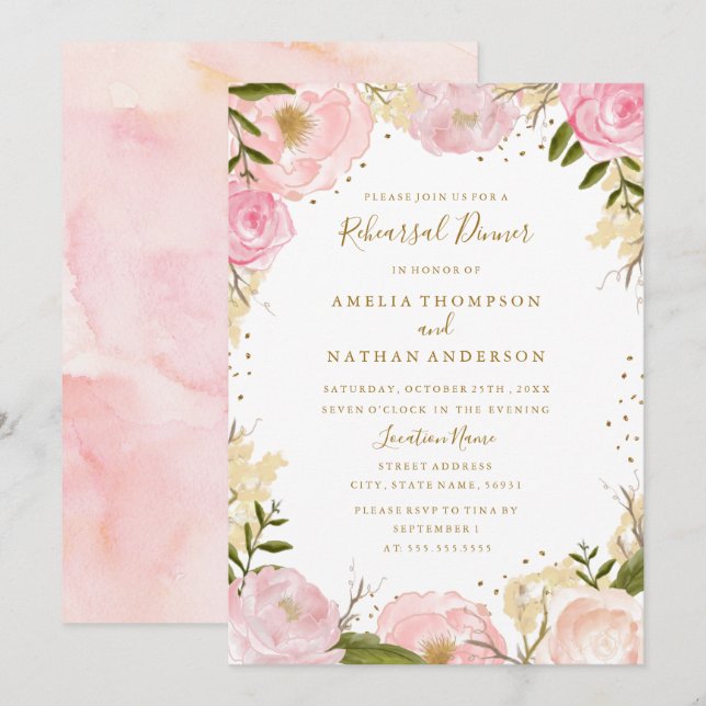 Gold Blush Rose Floral Wedding Rehearsal Dinner Invitation (Front/Back)