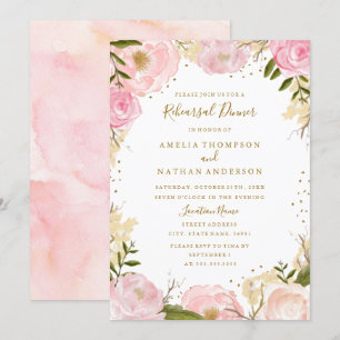 Gold Blush Rose Floral Wedding Rehearsal Dinner Invitation