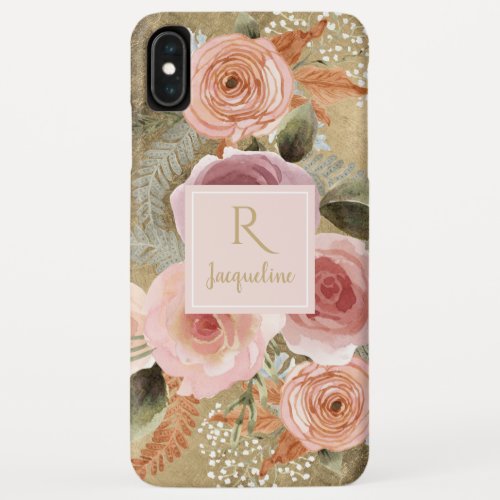 Gold Blush Watercolor Floral BOHO Greenery Name iPhone XS Max Case