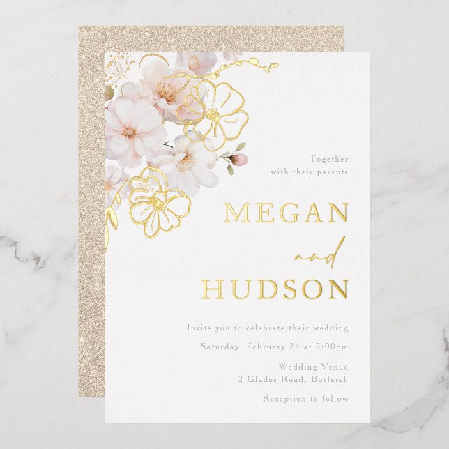 Gold & Blush Wildflowers Wedding Golden Foil Invitation (Front/Back)