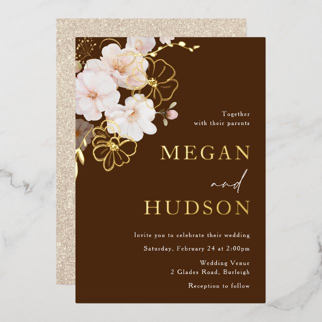 Gold & Blush Wildflowers Wedding Golden Foil Invitation (Front/Back)