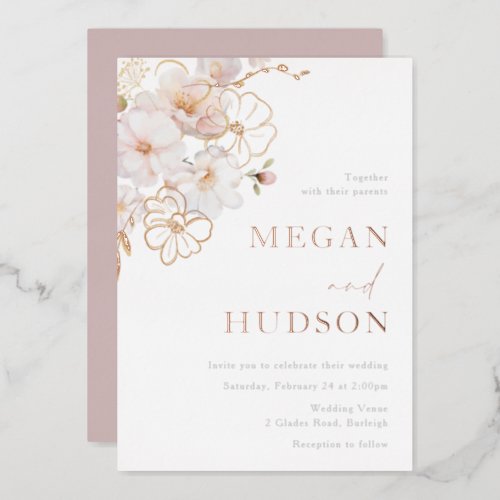 Gold  Blush Wildflowers Wedding Rose Gold Foil Invitation