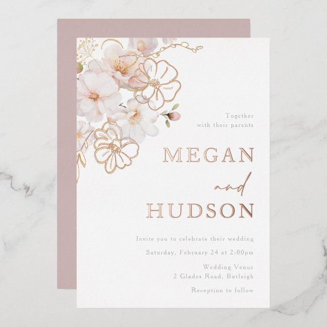 Gold & Blush Wildflowers Wedding Rose Gold Foil Invitation (Front/Back)