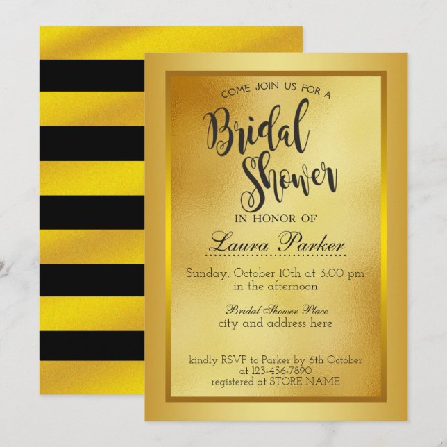Gold Boarder Metal Bridal Shower Glitter Classic Invitation (Front/Back)