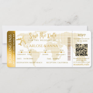 Gold Boarding Pass Destination Wedding QR code Invitation