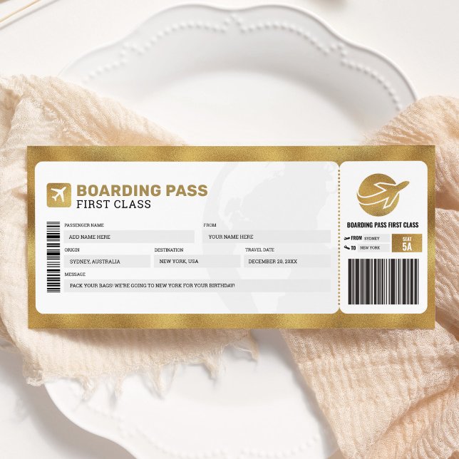 Gold Boarding Pass Travel Trip Plane Gift Ticket Invitation (Creator Uploaded)