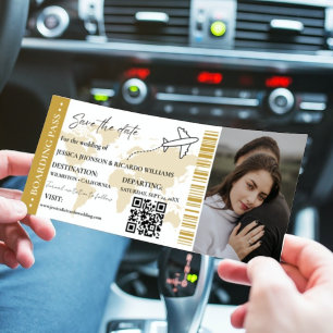Gold  Boarding pass wedding save the date ticket Invitation