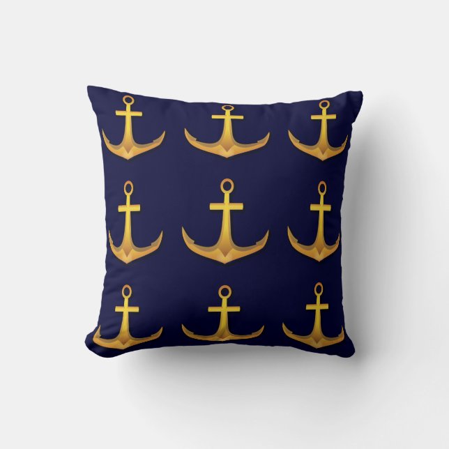 Gold Boat Ship Anchor Nautical Navy Blue Throw Pillow (Front)