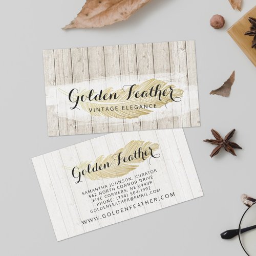 Gold Bohemian Feather on Rustic Wood Boards Business Card