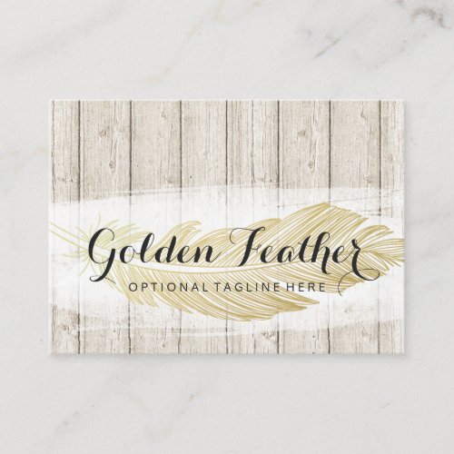 Gold Bohemian Feather on Rustic Wood Boards Business Card