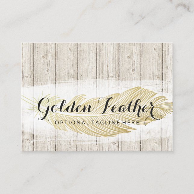 Gold Bohemian Feather on Rustic Wood Boards Business Card (Front)