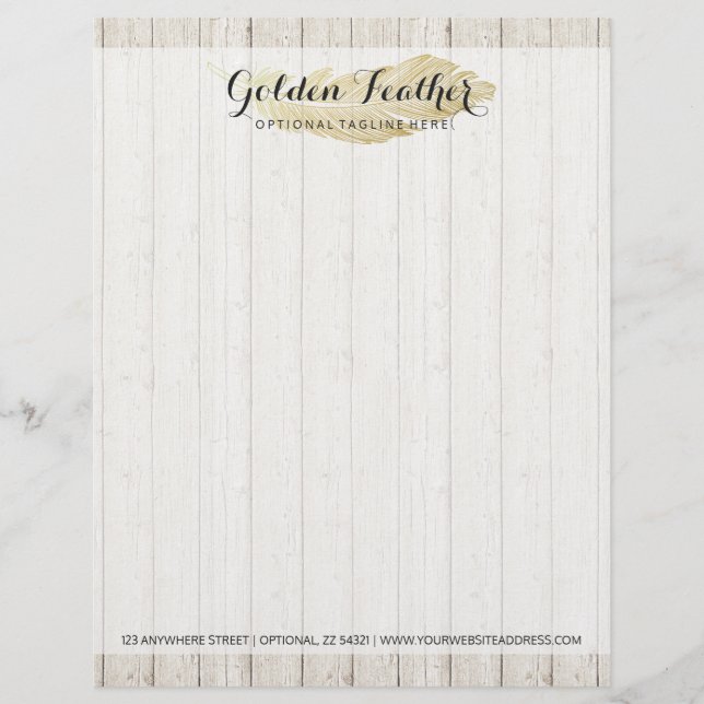 Gold Bohemian Feather on Rustic Wood Boards Letterhead (Front)