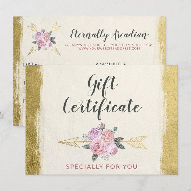 Gold Bohemian Floral Arrow Gift Certificate Card (Front/Back)
