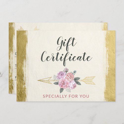 Gold Bohemian Floral Arrow Gift Certificate Card