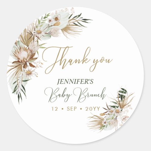 Gold BohoBohemian Baby Brunch Thank you Classic Round Sticker
