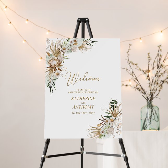 Gold Boho/Bohemian Wedding Anniversary Welcome Foa Foam Board (In Situ (Stand))