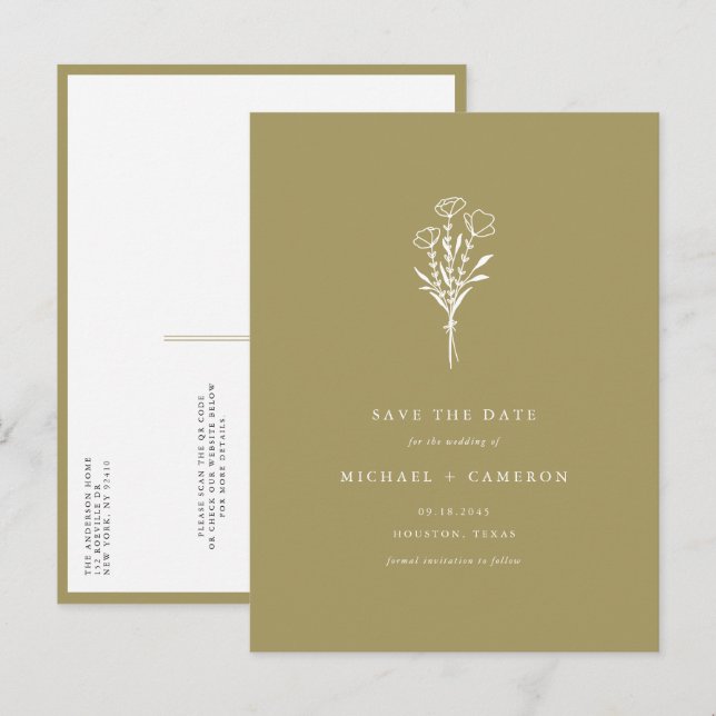 Gold Boho Botanical QR Code Save the Date Announcement Postcard (Front/Back)