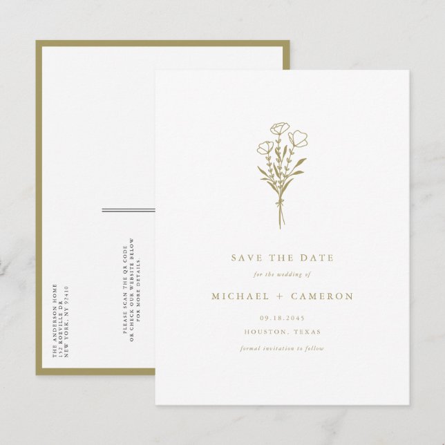 Gold Boho Botanical QR Code Save the Date Announcement Postcard (Front/Back)