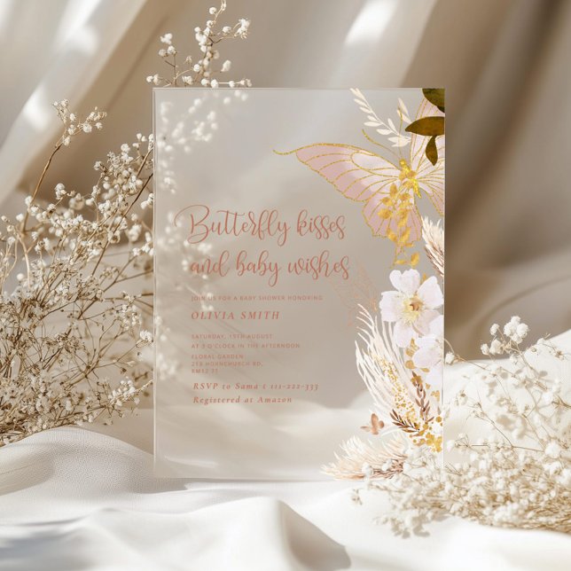 Gold Boho Butterfly kisses baby shower Acrylic Invitations (Creator Uploaded)