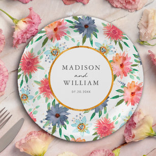 Gold Boho Chic  Whimsical Greenery Wildflower Paper Plates