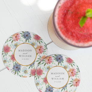 Gold Boho Chic Whimsical Greenery Wildflower Round Paper Coaster