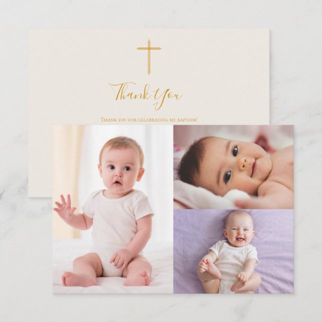 Gold Boho Cross 3-Photo Baptism Thank You Card (Front/Back)
