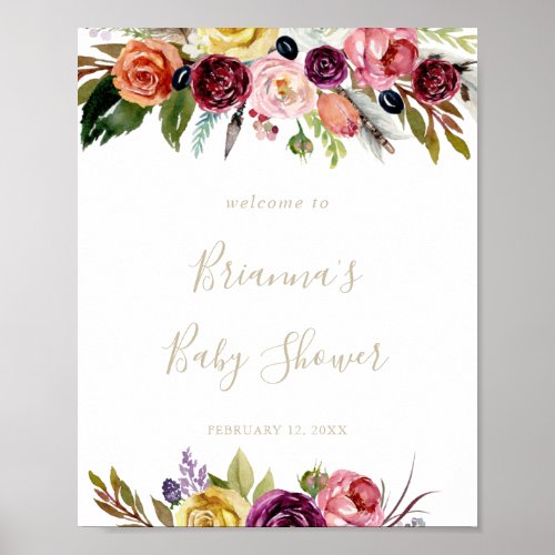 Gold Boho Floral  Baby Shower Welcome Poster