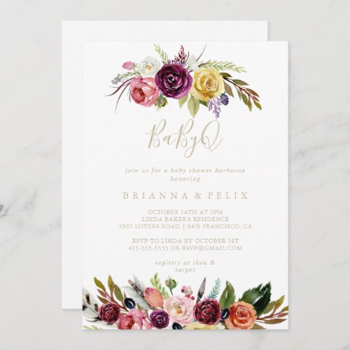 Gold Boho Floral BabyQ Baby Shower Barbecue  Invitation