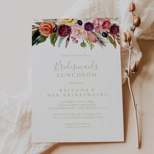 Gold Boho Floral Bridesmaids Luncheon Shower   Invitation
