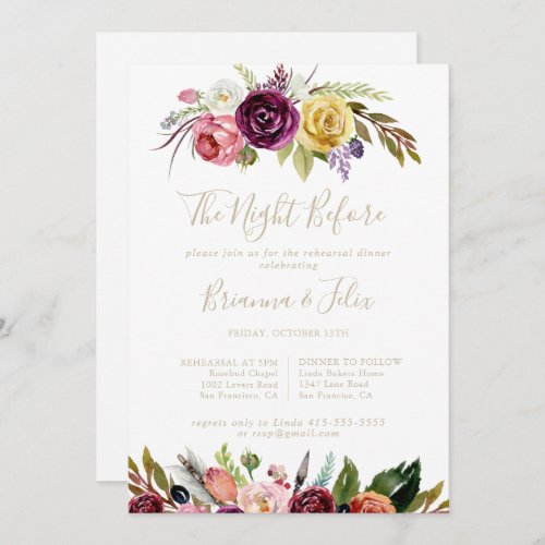 Gold Boho Floral Night Before Rehearsal Dinner   Invitation