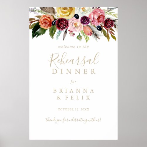 Gold Boho Floral Rehearsal Dinner Welcome Sign