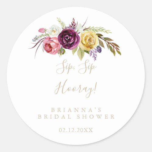 Gold Boho Floral Sip Sip Hooray Bridal Shower   Classic Round Sticker