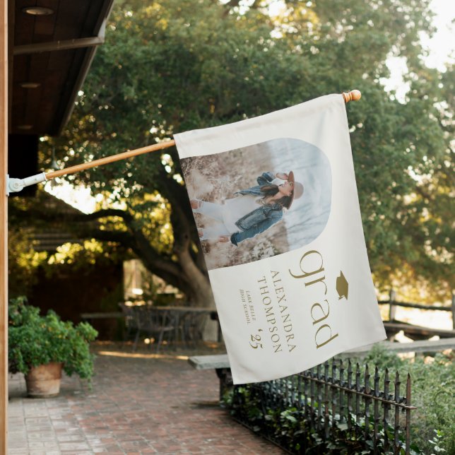 Gold Boho Minimalist Arch Photo Graduation House Flag (In SItu)