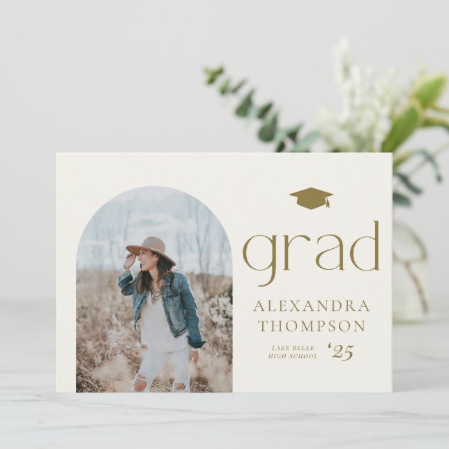 Gold Boho Minimalist Arch Photo Graduation Invitation (Standing Front)