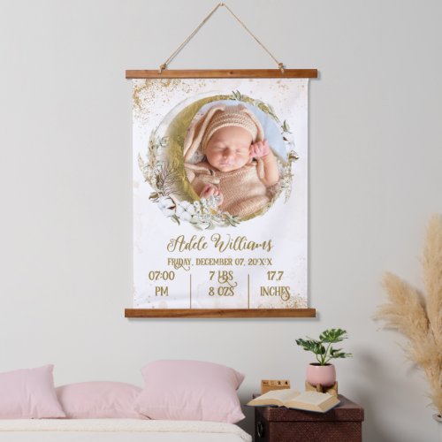 Gold Boho moon Baby Birth Stats with Photo Hanging Tapestry