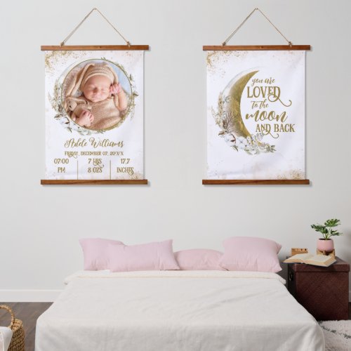 Gold Boho moon Baby Birth Stats with Photo Hanging Tapestry