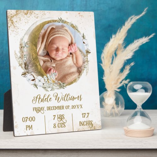 Gold Boho moon Baby Birth Stats with Photo Plaque