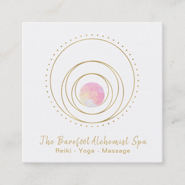 *~* Gold Boho Sacred Geometry Luna Lunar Moon Pink Square Business Card (Front)