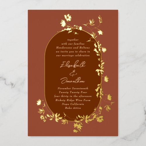 Gold Boho Terracotta Frame Wreath Floral Wedding Foil Invitation