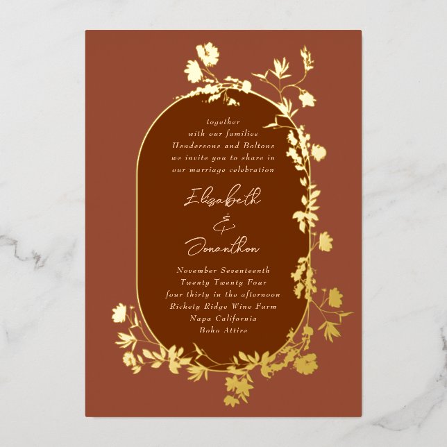 Gold Boho Terracotta Frame Wreath Floral Wedding Foil Invitation (Front)