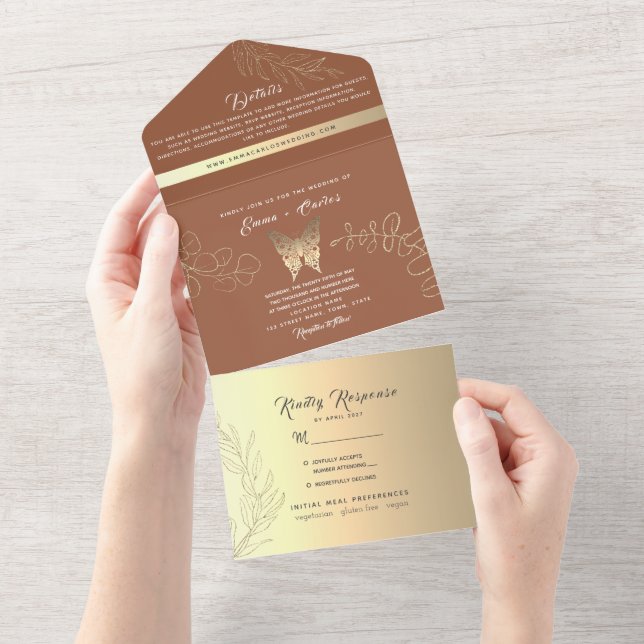 Gold Boho Terracotta Wedding All In One Invitation (Tearaway)