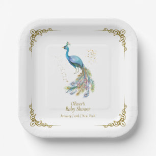 Gold Boho Vintage Elegant Peacock Baby Shower Paper Plates