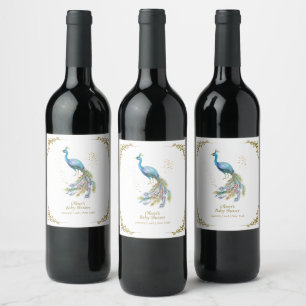 Gold Boho Vintage Elegant Peacock Baby Shower Wine Label