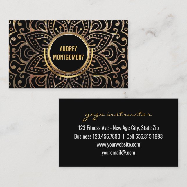 Gold Boho Yoga Instructor | Flower Mandala Pattern Business Card (Front/Back)