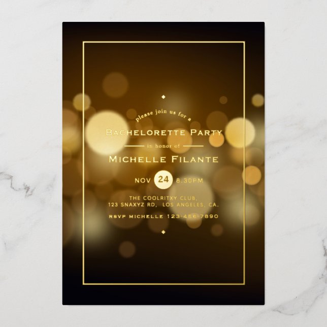 Gold Bokeh Bachelorette Party Foil Invitation (Front)