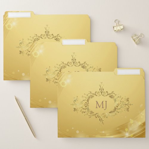 Gold bokeh background vintage floral frame file folder