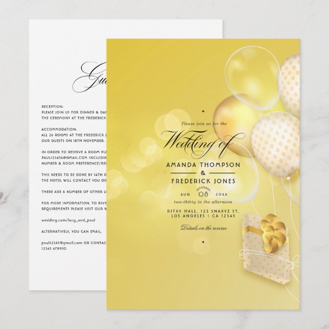 Gold Bokeh Balloons Wedding Invitation (Front/Back)
