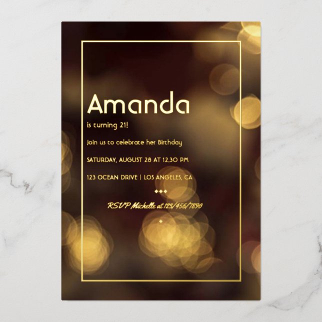 Gold Bokeh Birthday Party Foil Invitation (Front)
