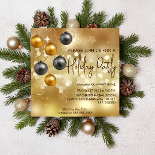 Gold bokeh, black and gold baubles decorations invitation