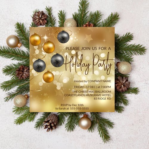 Gold bokeh black and gold baubles decorations invitation